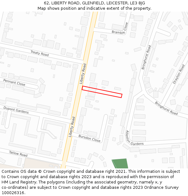 62, LIBERTY ROAD, GLENFIELD, LEICESTER, LE3 8JG: Location map and indicative extent of plot