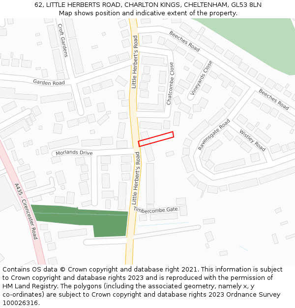 62, LITTLE HERBERTS ROAD, CHARLTON KINGS, CHELTENHAM, GL53 8LN: Location map and indicative extent of plot