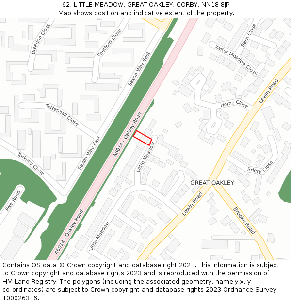 62, LITTLE MEADOW, GREAT OAKLEY, CORBY, NN18 8JP: Location map and indicative extent of plot