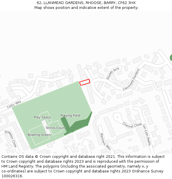 62, LLANMEAD GARDENS, RHOOSE, BARRY, CF62 3HX: Location map and indicative extent of plot
