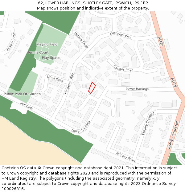 62, LOWER HARLINGS, SHOTLEY GATE, IPSWICH, IP9 1RP: Location map and indicative extent of plot