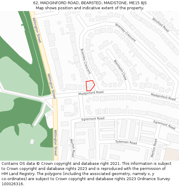 62, MADGINFORD ROAD, BEARSTED, MAIDSTONE, ME15 8JS: Location map and indicative extent of plot