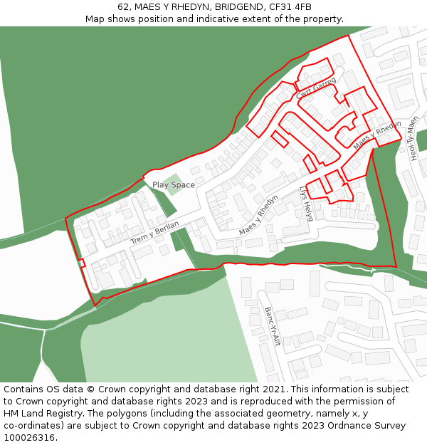 62, MAES Y RHEDYN, BRIDGEND, CF31 4FB: Location map and indicative extent of plot