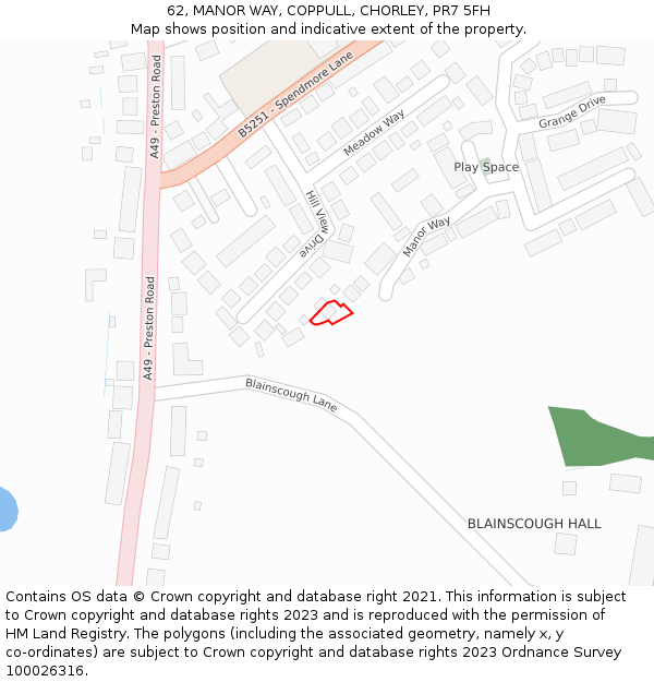62, MANOR WAY, COPPULL, CHORLEY, PR7 5FH: Location map and indicative extent of plot