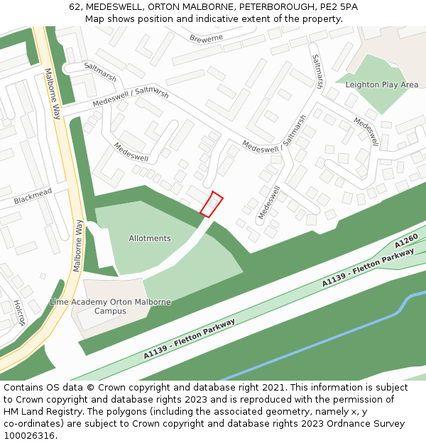 62, MEDESWELL, ORTON MALBORNE, PETERBOROUGH, PE2 5PA: Location map and indicative extent of plot