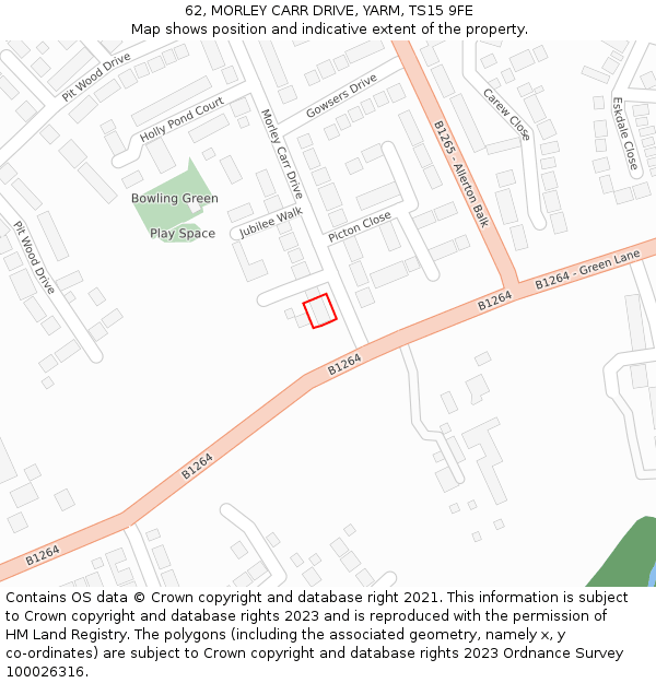 62, MORLEY CARR DRIVE, YARM, TS15 9FE: Location map and indicative extent of plot