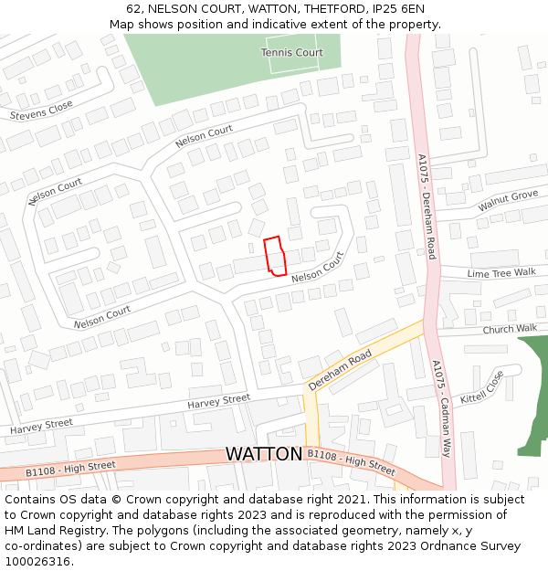62, NELSON COURT, WATTON, THETFORD, IP25 6EN: Location map and indicative extent of plot
