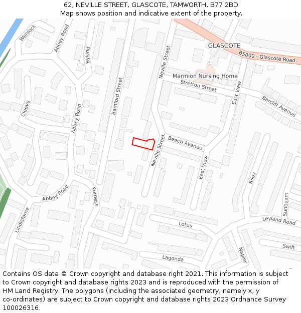 62, NEVILLE STREET, GLASCOTE, TAMWORTH, B77 2BD: Location map and indicative extent of plot
