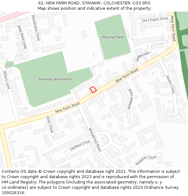62, NEW FARM ROAD, STANWAY, COLCHESTER, CO3 0PG: Location map and indicative extent of plot