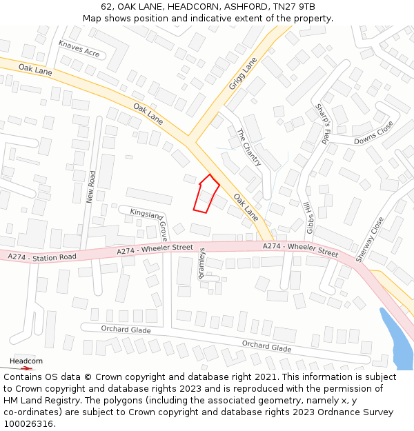 62, OAK LANE, HEADCORN, ASHFORD, TN27 9TB: Location map and indicative extent of plot