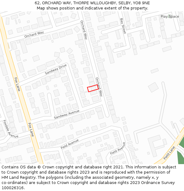 62, ORCHARD WAY, THORPE WILLOUGHBY, SELBY, YO8 9NE: Location map and indicative extent of plot