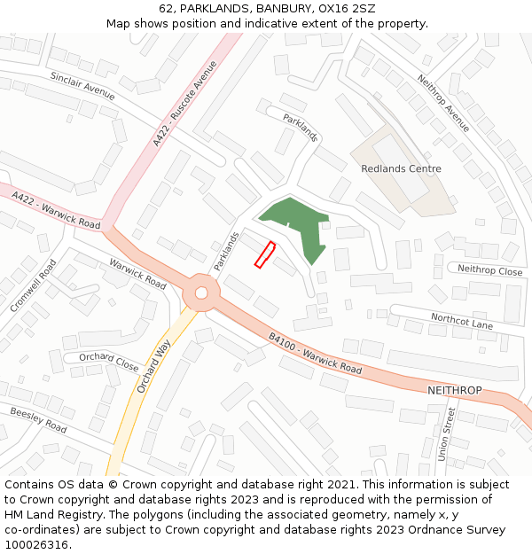 62, PARKLANDS, BANBURY, OX16 2SZ: Location map and indicative extent of plot