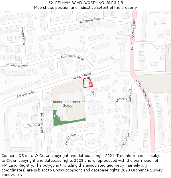 62, PELHAM ROAD, WORTHING, BN13 1JB: Location map and indicative extent of plot