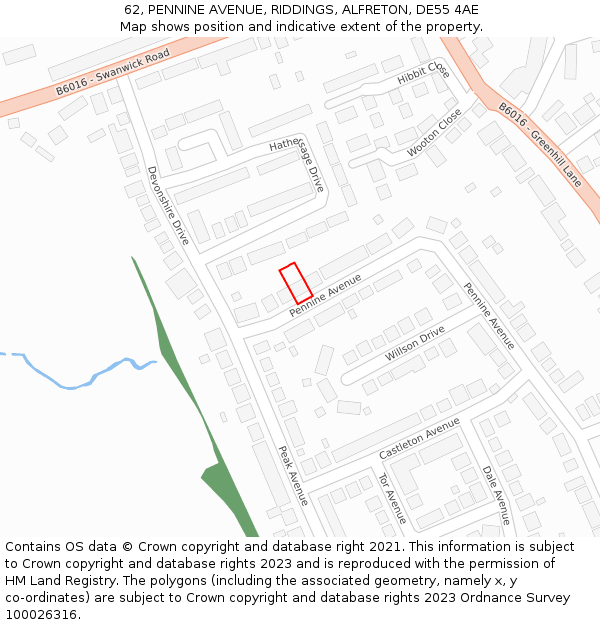 62, PENNINE AVENUE, RIDDINGS, ALFRETON, DE55 4AE: Location map and indicative extent of plot