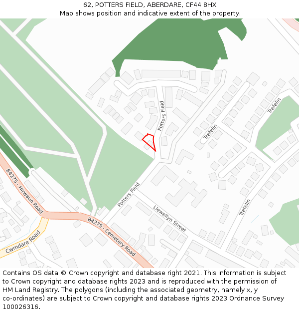 62, POTTERS FIELD, ABERDARE, CF44 8HX: Location map and indicative extent of plot