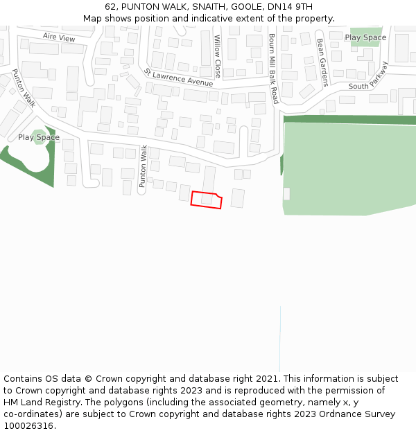 62, PUNTON WALK, SNAITH, GOOLE, DN14 9TH: Location map and indicative extent of plot