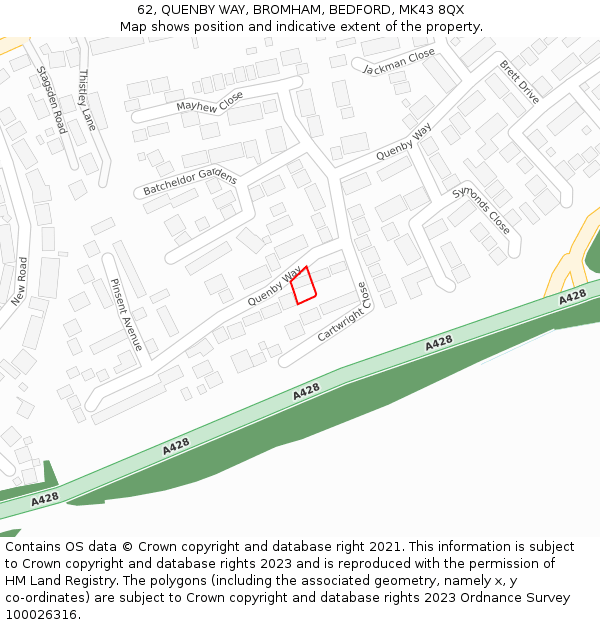 62, QUENBY WAY, BROMHAM, BEDFORD, MK43 8QX: Location map and indicative extent of plot