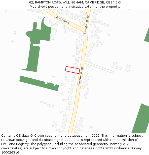 62, RAMPTON ROAD, WILLINGHAM, CAMBRIDGE, CB24 5JG: Location map and indicative extent of plot