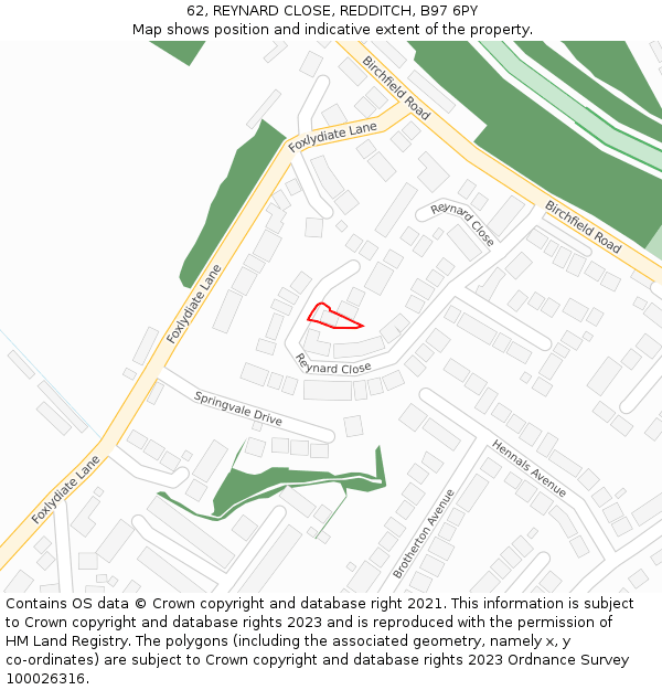 62, REYNARD CLOSE, REDDITCH, B97 6PY: Location map and indicative extent of plot
