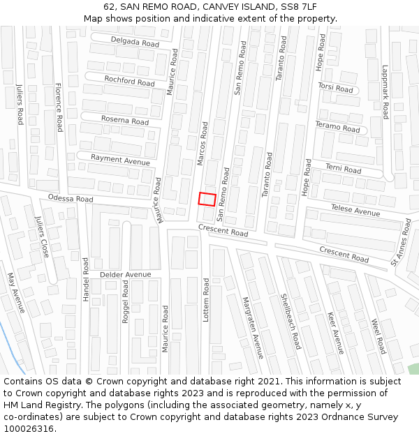 62, SAN REMO ROAD, CANVEY ISLAND, SS8 7LF: Location map and indicative extent of plot