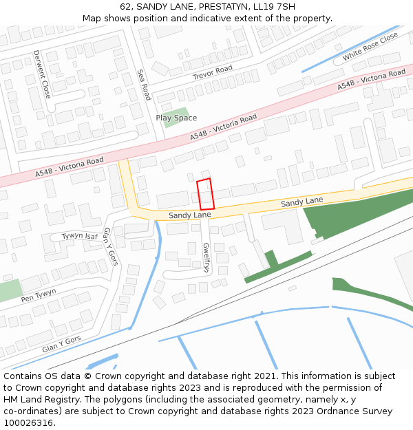 62, SANDY LANE, PRESTATYN, LL19 7SH: Location map and indicative extent of plot