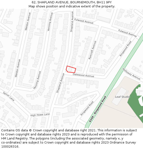 62, SHAPLAND AVENUE, BOURNEMOUTH, BH11 9PY: Location map and indicative extent of plot