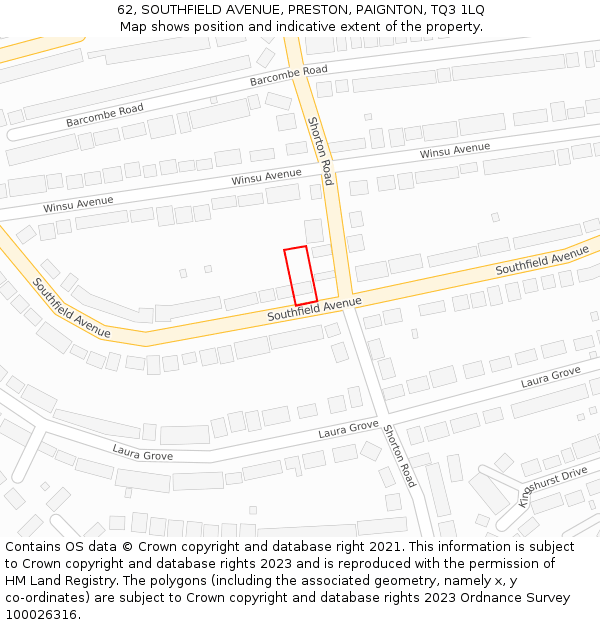 62, SOUTHFIELD AVENUE, PRESTON, PAIGNTON, TQ3 1LQ: Location map and indicative extent of plot