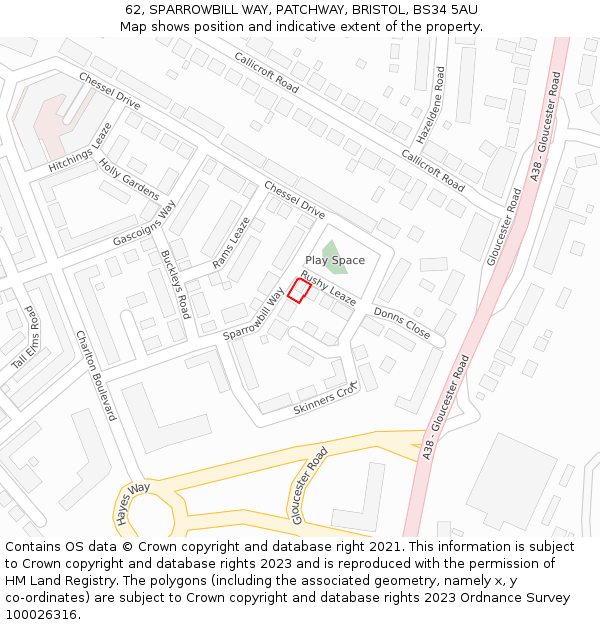 62, SPARROWBILL WAY, PATCHWAY, BRISTOL, BS34 5AU: Location map and indicative extent of plot