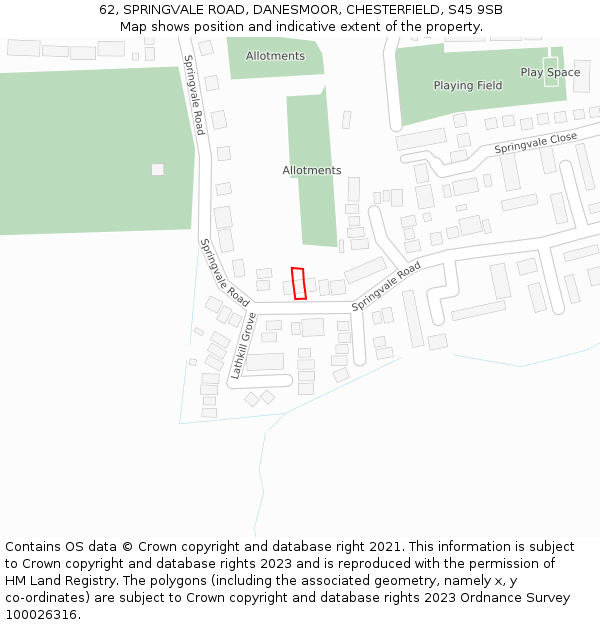 62, SPRINGVALE ROAD, DANESMOOR, CHESTERFIELD, S45 9SB: Location map and indicative extent of plot