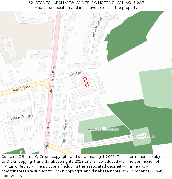 62, STONECHURCH VIEW, ANNESLEY, NOTTINGHAM, NG15 0AZ: Location map and indicative extent of plot