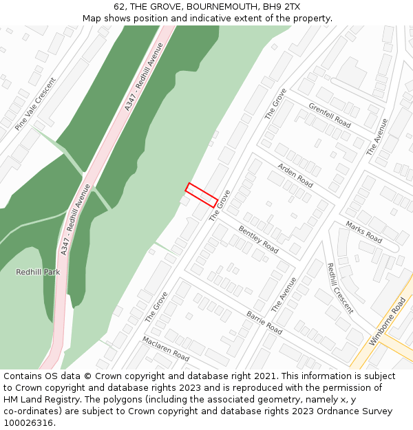 62, THE GROVE, BOURNEMOUTH, BH9 2TX: Location map and indicative extent of plot