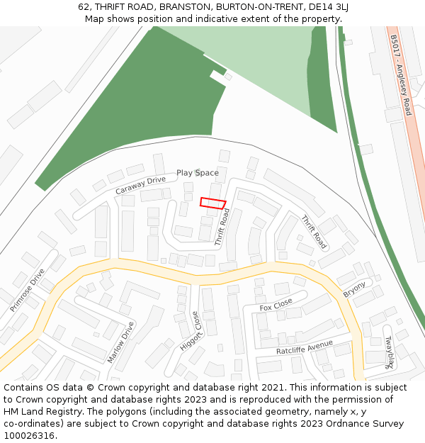 62, THRIFT ROAD, BRANSTON, BURTON-ON-TRENT, DE14 3LJ: Location map and indicative extent of plot