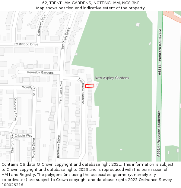 62, TRENTHAM GARDENS, NOTTINGHAM, NG8 3NF: Location map and indicative extent of plot