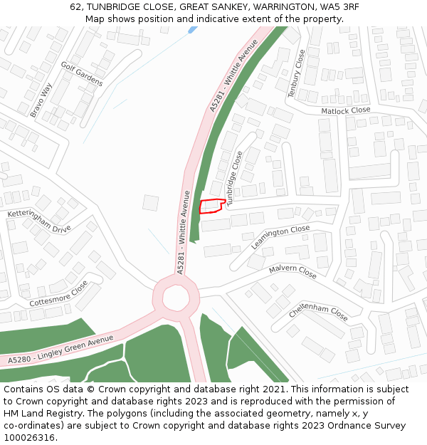 62, TUNBRIDGE CLOSE, GREAT SANKEY, WARRINGTON, WA5 3RF: Location map and indicative extent of plot