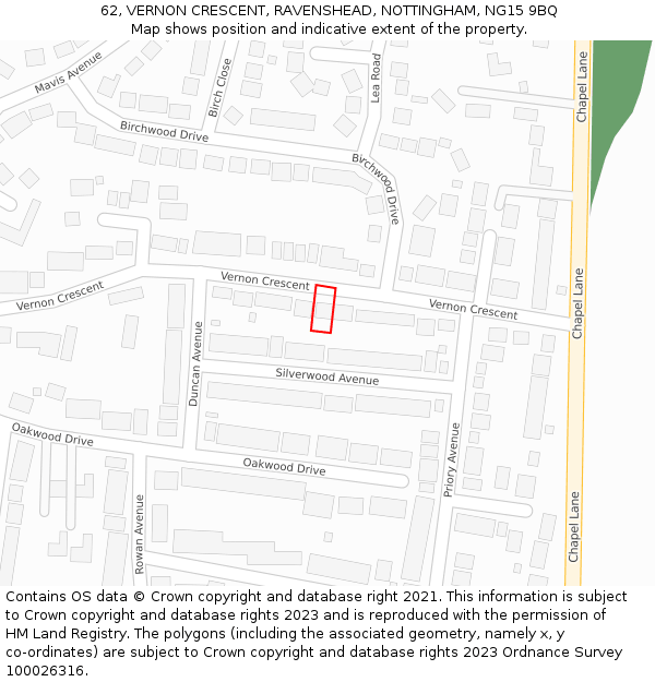 62, VERNON CRESCENT, RAVENSHEAD, NOTTINGHAM, NG15 9BQ: Location map and indicative extent of plot