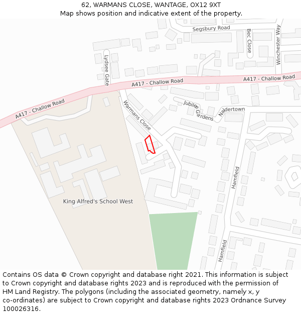 62, WARMANS CLOSE, WANTAGE, OX12 9XT: Location map and indicative extent of plot