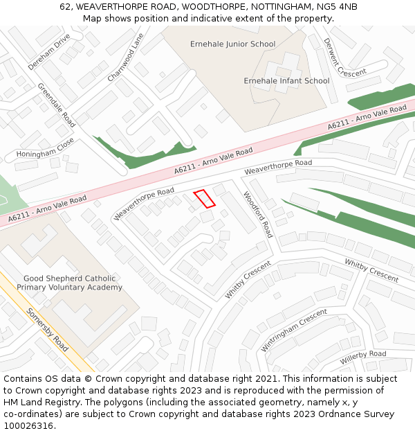 62, WEAVERTHORPE ROAD, WOODTHORPE, NOTTINGHAM, NG5 4NB: Location map and indicative extent of plot