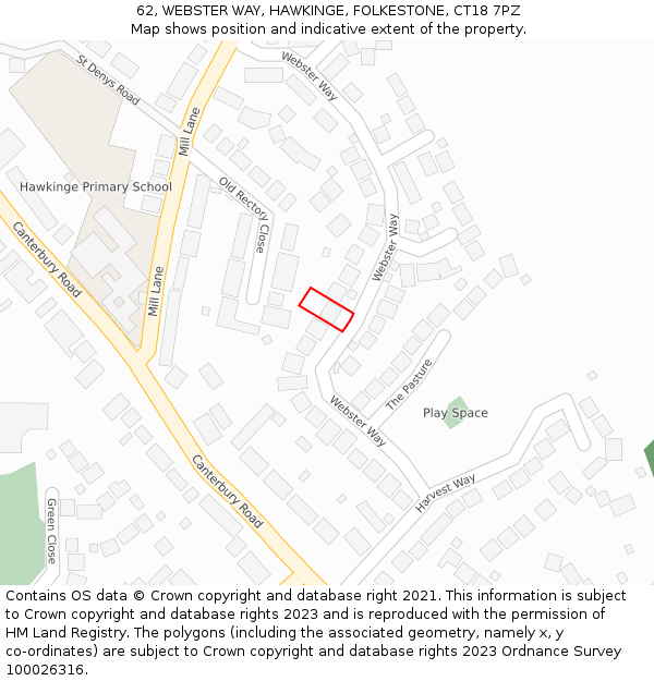 62, WEBSTER WAY, HAWKINGE, FOLKESTONE, CT18 7PZ: Location map and indicative extent of plot