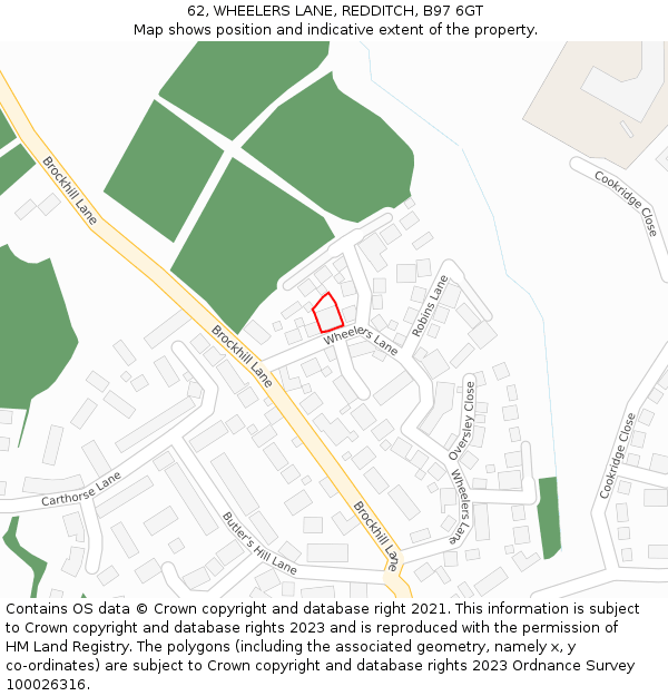 62, WHEELERS LANE, REDDITCH, B97 6GT: Location map and indicative extent of plot