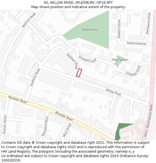 62, WILLOW ROAD, AYLESBURY, HP19 9PY: Location map and indicative extent of plot