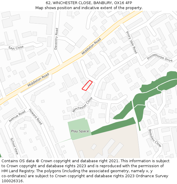 62, WINCHESTER CLOSE, BANBURY, OX16 4FP: Location map and indicative extent of plot