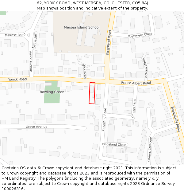 62, YORICK ROAD, WEST MERSEA, COLCHESTER, CO5 8AJ: Location map and indicative extent of plot