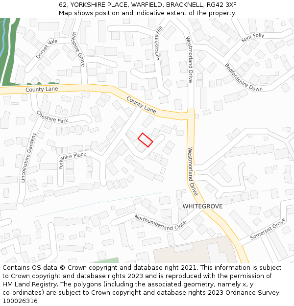 62, YORKSHIRE PLACE, WARFIELD, BRACKNELL, RG42 3XF: Location map and indicative extent of plot