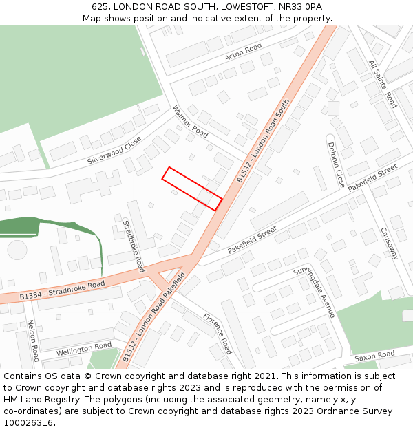 625, LONDON ROAD SOUTH, LOWESTOFT, NR33 0PA: Location map and indicative extent of plot