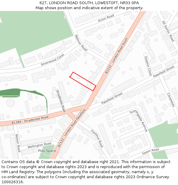 627, LONDON ROAD SOUTH, LOWESTOFT, NR33 0PA: Location map and indicative extent of plot