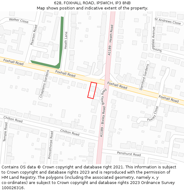 628, FOXHALL ROAD, IPSWICH, IP3 8NB: Location map and indicative extent of plot