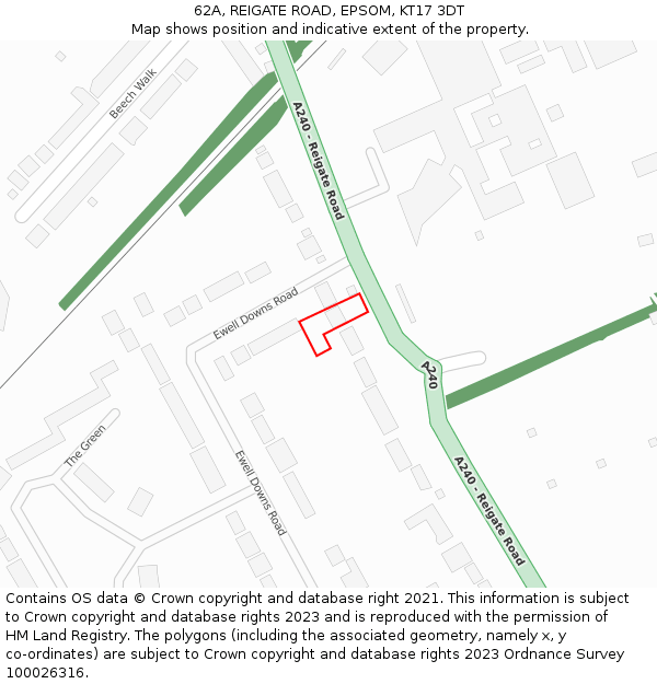 62A, REIGATE ROAD, EPSOM, KT17 3DT: Location map and indicative extent of plot