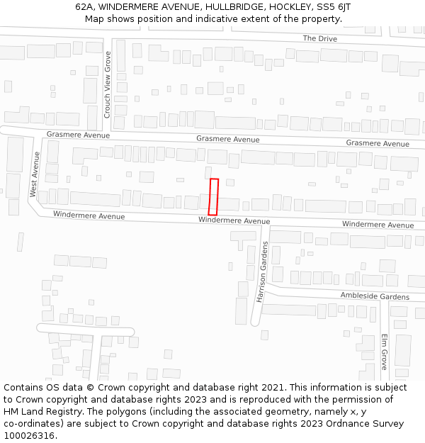 62A, WINDERMERE AVENUE, HULLBRIDGE, HOCKLEY, SS5 6JT: Location map and indicative extent of plot