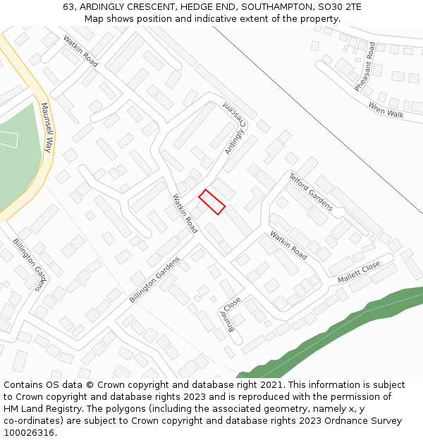 63, ARDINGLY CRESCENT, HEDGE END, SOUTHAMPTON, SO30 2TE: Location map and indicative extent of plot