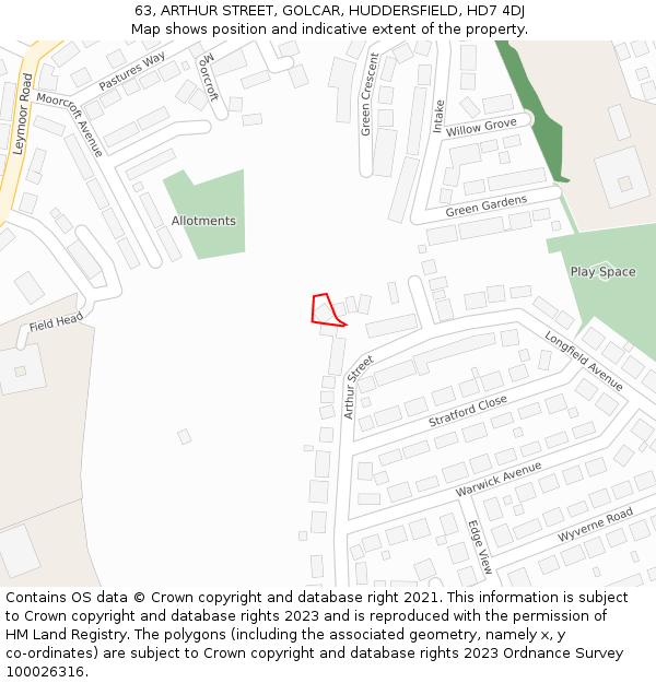 63, ARTHUR STREET, GOLCAR, HUDDERSFIELD, HD7 4DJ: Location map and indicative extent of plot